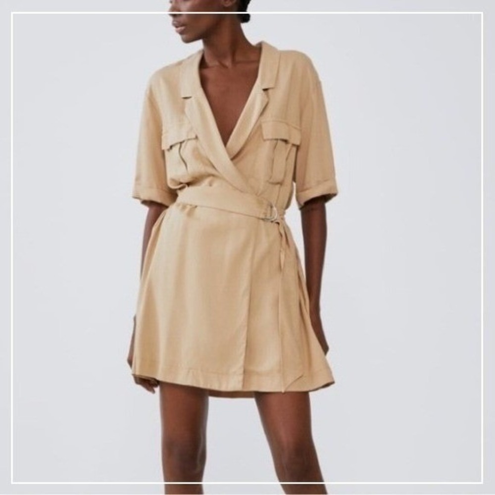 Zara Dress Women XS Beige Lyocell Wrap Cargo Pocket Belt Coastal Safari Utility